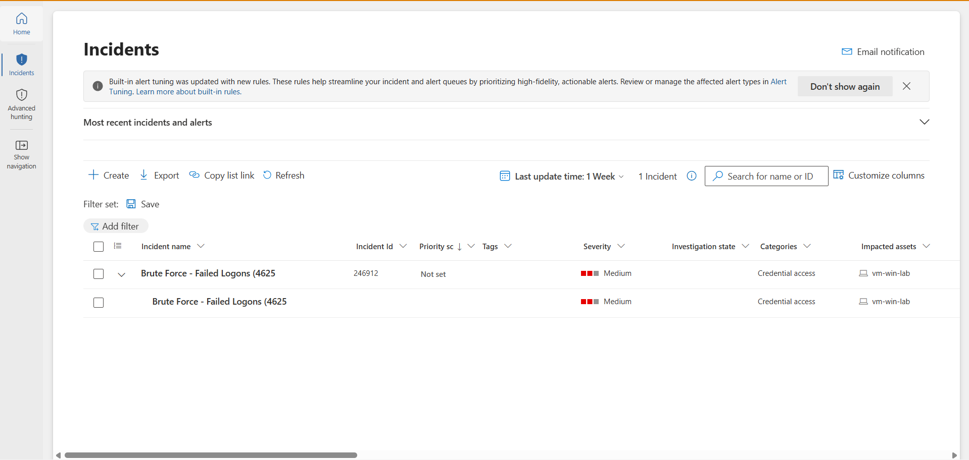 Brute-force incident raised in Defender, Credential Access