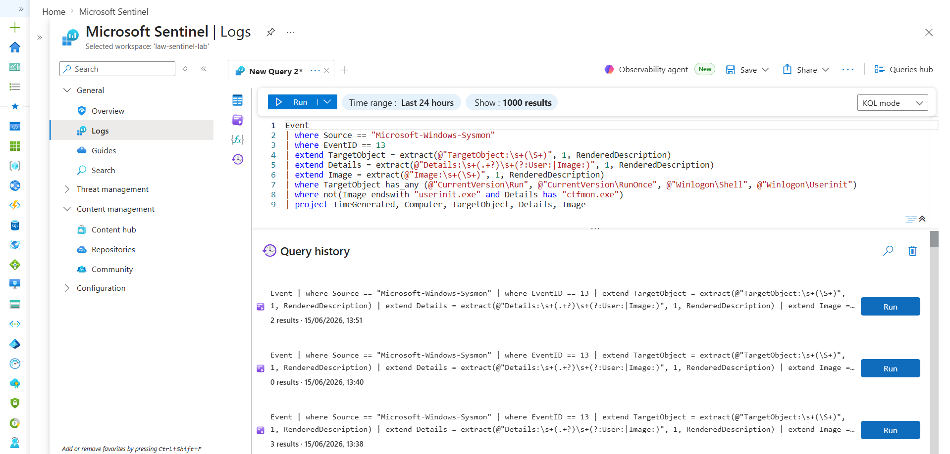Registry persistence query catching the planted entry