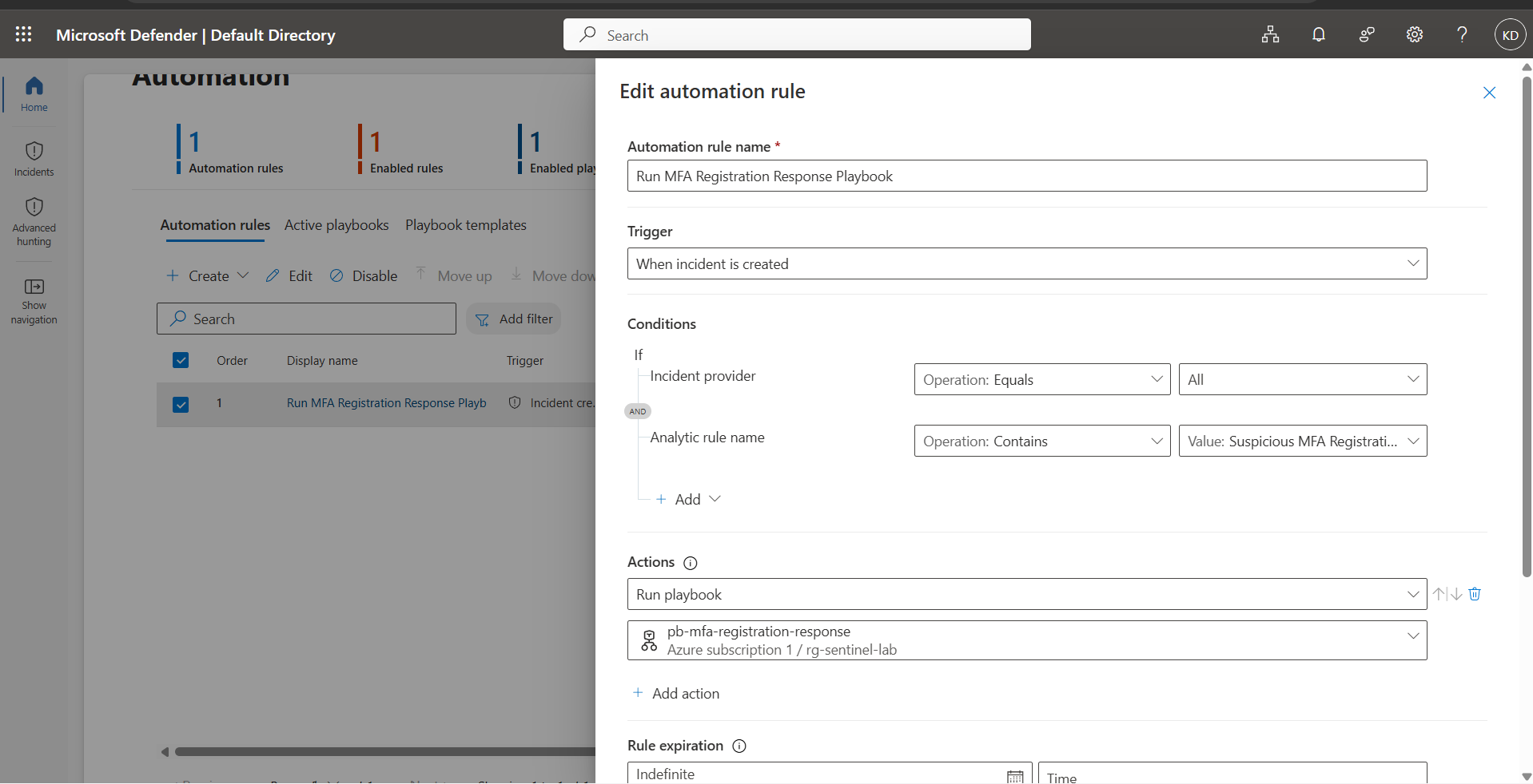 Automation rule wiring playbook to incident creation
