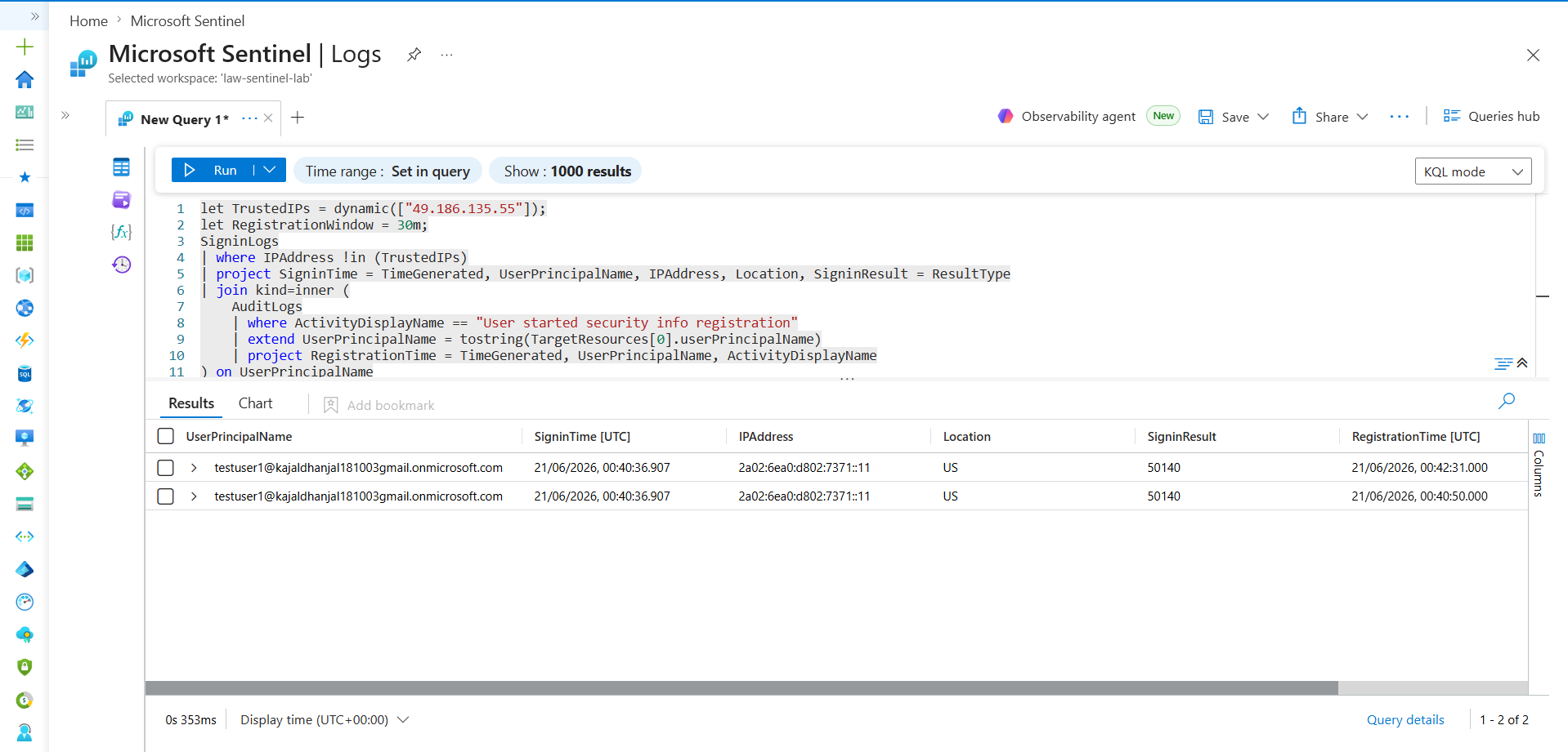 MFA registration KQL query and deduped correlation result
