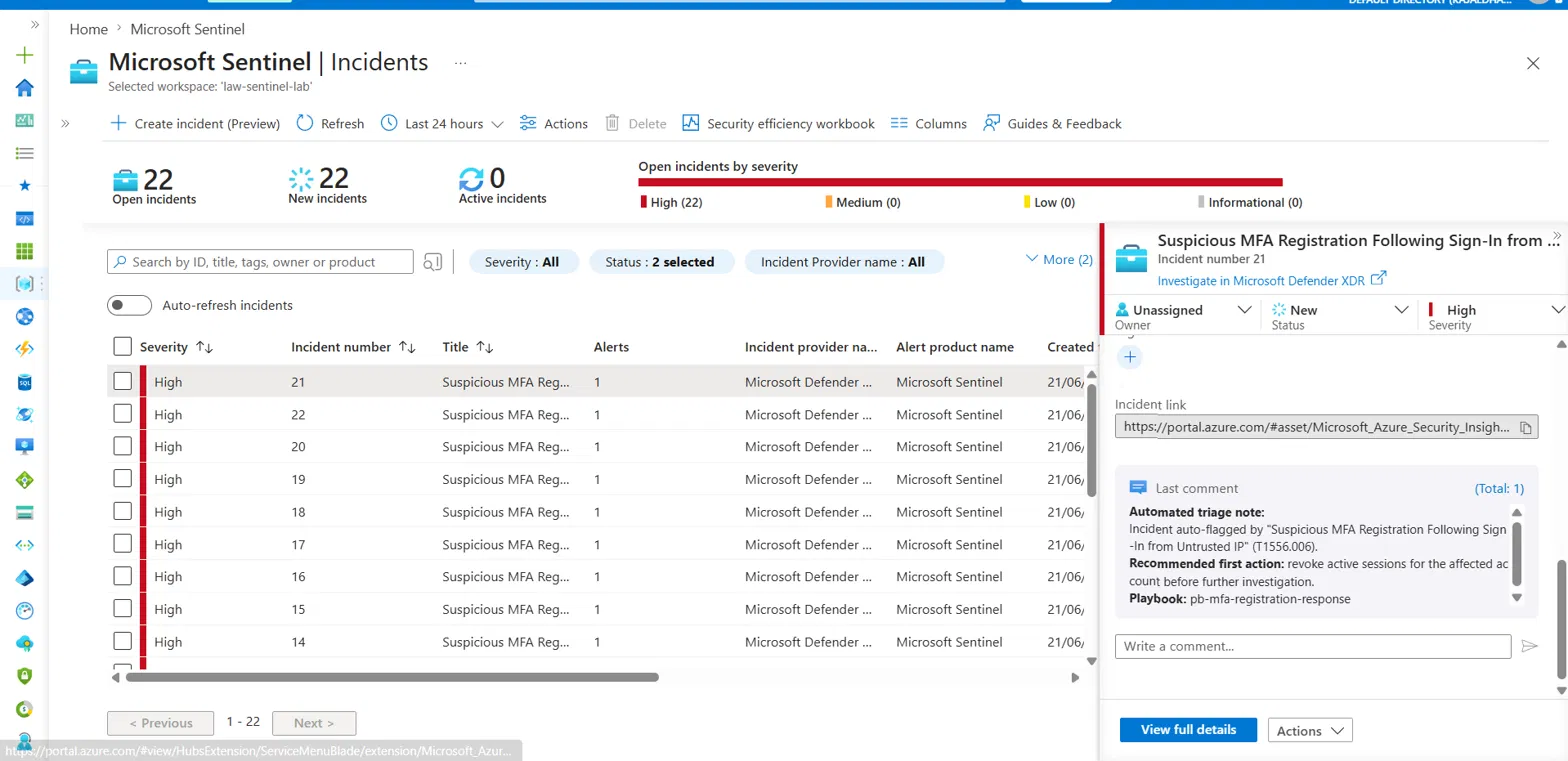 MFA registration incident in Defender with automated triage comment visible