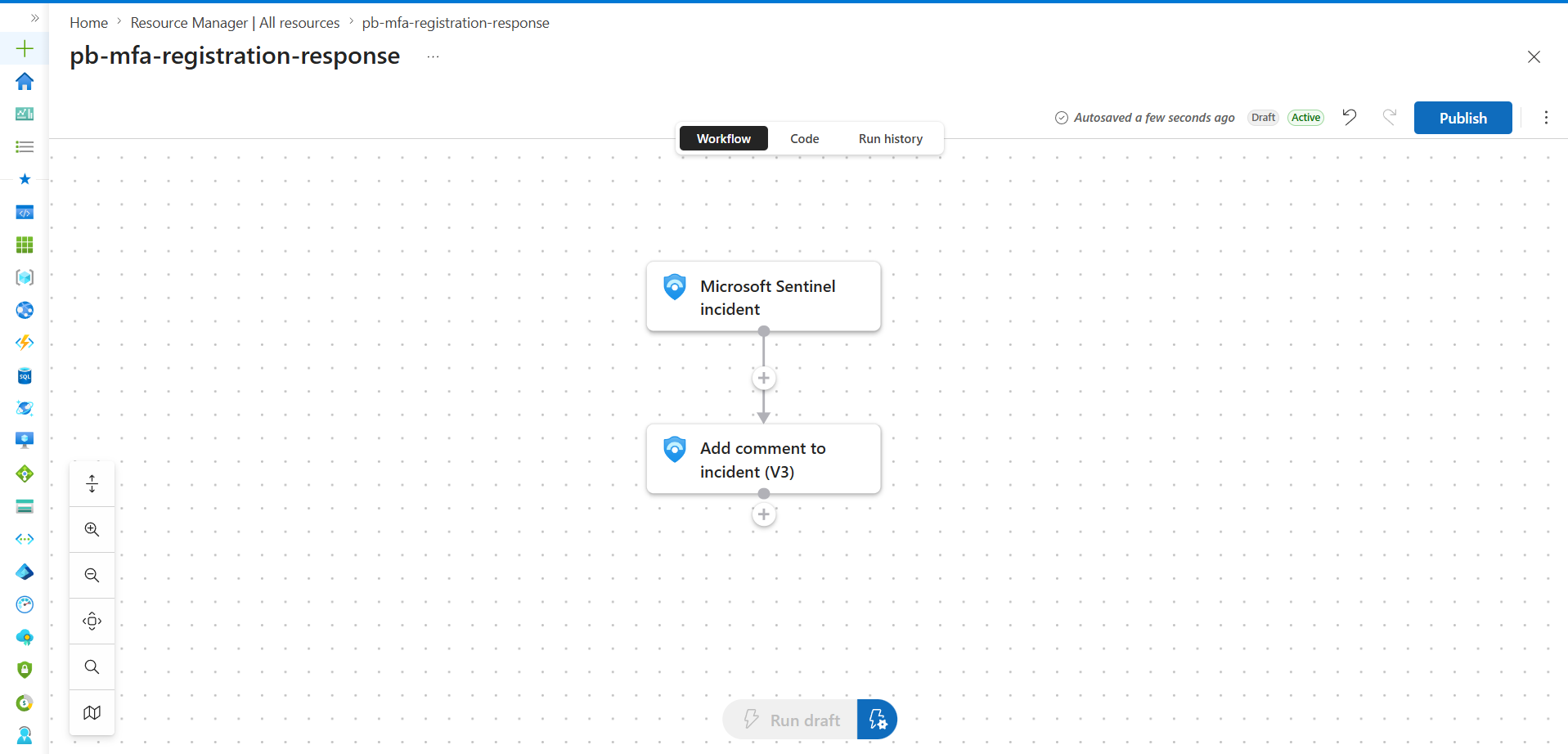 Logic App workflow — incident trigger wired to Add comment to incident action