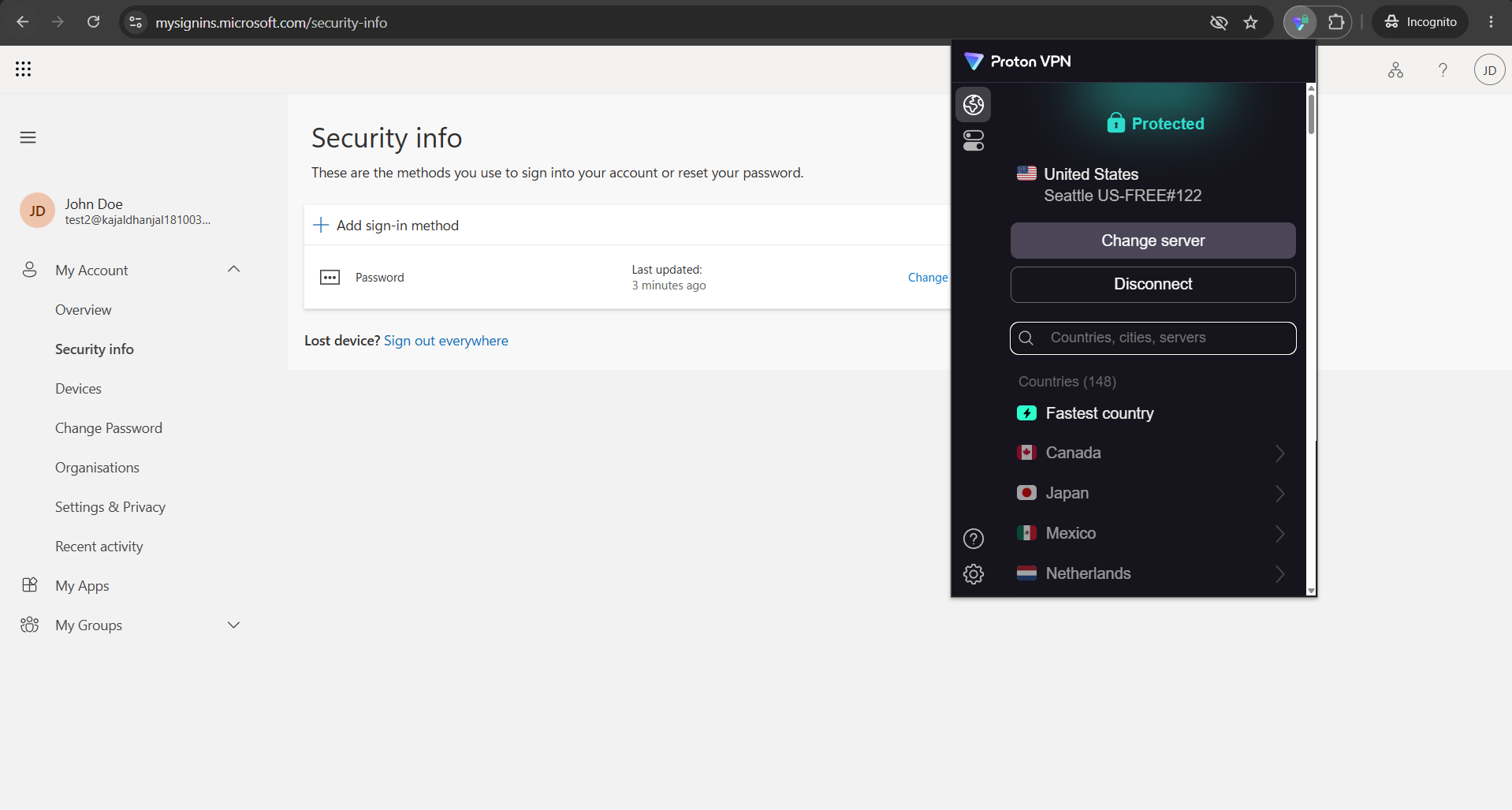 Sign-in log entry showing untrusted-IP sign-in correlated with security-info registration