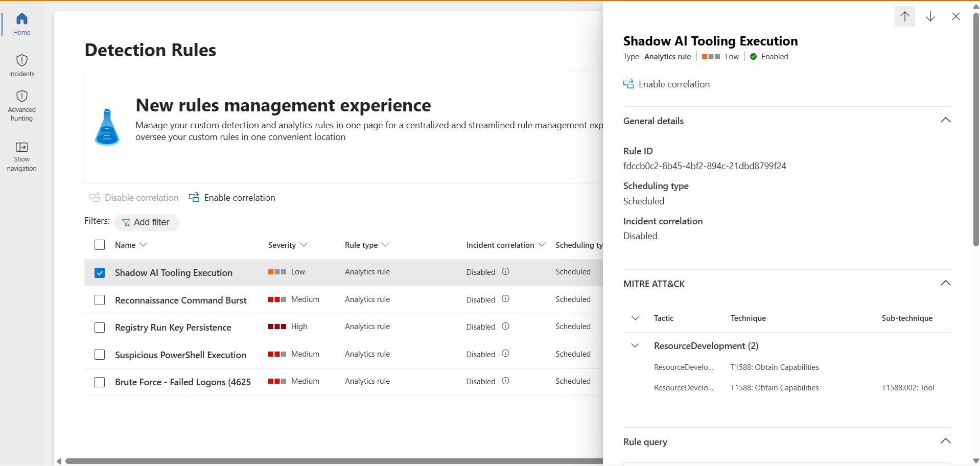 Shadow AI Tooling Execution rule configured and enabled in Sentinel