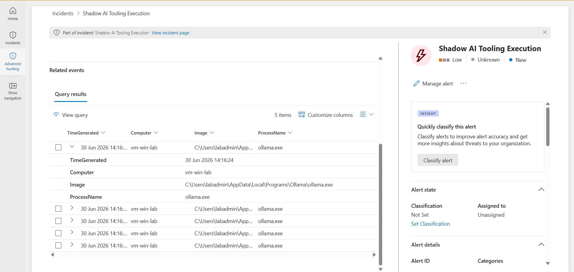 Incident with related events showing captured ollama.exe process creation